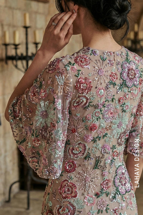 Luxurious Floral Beaded Evening Gown with Cape Sleeves