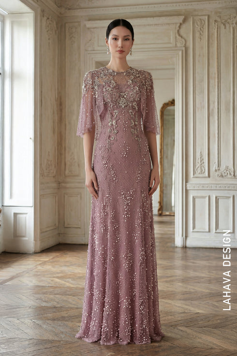Elegant Dusty Rose Hand-Beaded Evening Gown with Cape Sleeves