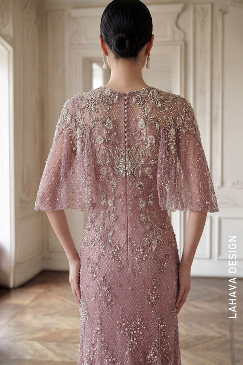 Elegant Dusty Rose Hand-Beaded Evening Gown with Cape Sleeves