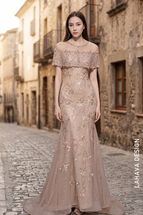Elegant Nude Mermaid Gown with Intricate Beaded Lace