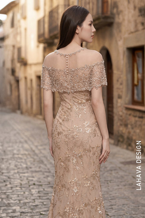Elegant Nude Mermaid Gown with Intricate Beaded Lace