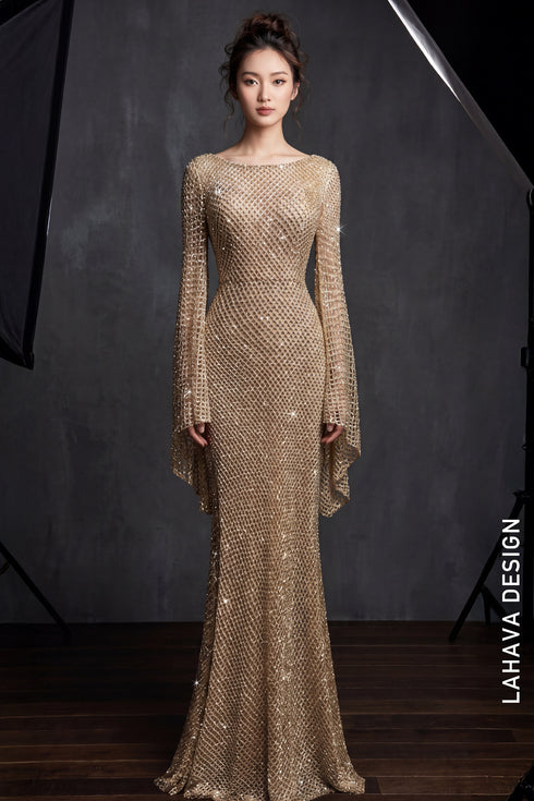 Glamorous Golden Mermaid Gown with Split Bell Sleeves