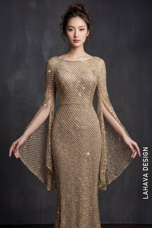 Glamorous Golden Mermaid Gown with Split Bell Sleeves