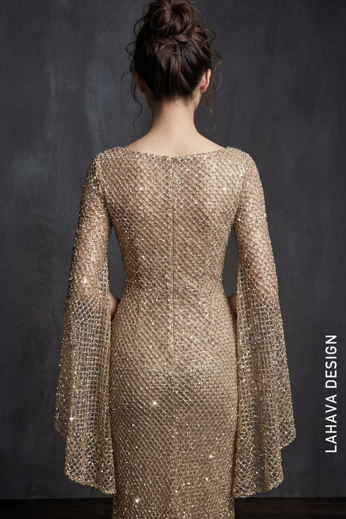Glamorous Golden Mermaid Gown with Split Bell Sleeves
