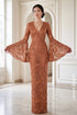 Elegant Copper Floral Lace Gown with Dramatic Bell Sleeves