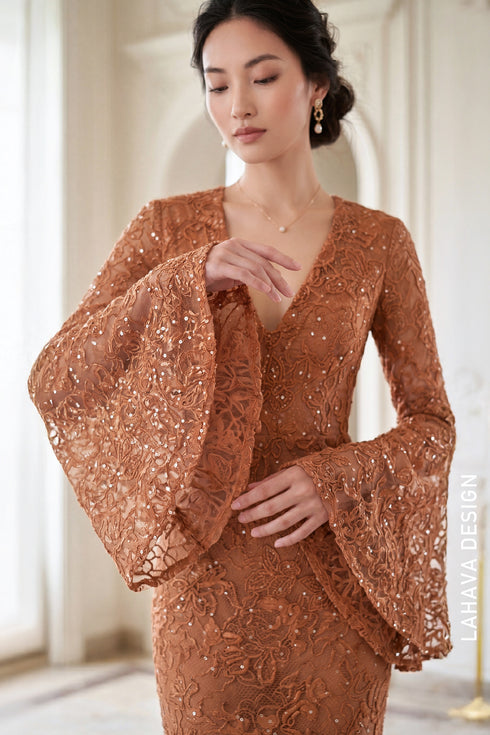 Elegant Copper Floral Lace Gown with Dramatic Bell Sleeves