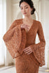 Elegant Copper Floral Lace Gown with Dramatic Bell Sleeves