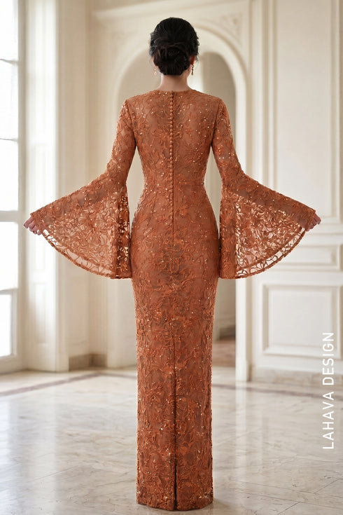 Elegant Copper Floral Lace Gown with Dramatic Bell Sleeves