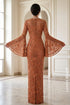 Elegant Copper Floral Lace Gown with Dramatic Bell Sleeves