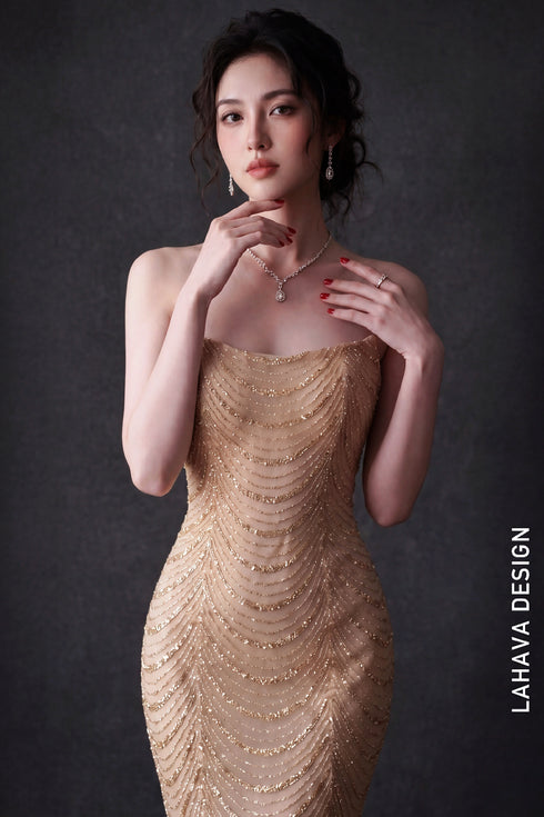 Radiant Gold Scalloped Mermaid Evening Gown