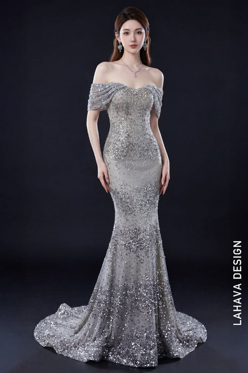 Sparkling Silver Off-Shoulder Mermaid Gown