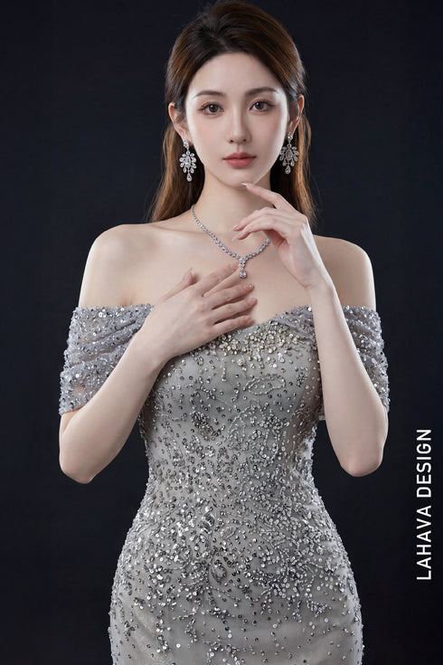 Sparkling Silver Off-Shoulder Mermaid Gown