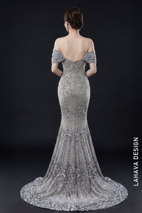 Sparkling Silver Off-Shoulder Mermaid Gown