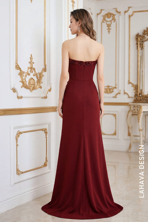 Elegant Strapless Maroon Evening Gown