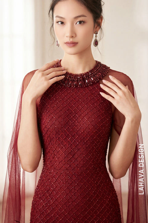 Regal Burgundy Mermaid Gown with Diamond Lattice Beadwork