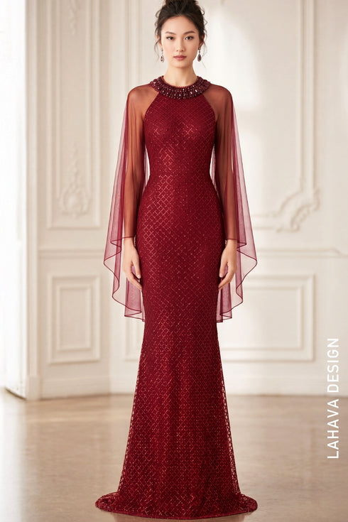 Regal Burgundy Mermaid Gown with Diamond Lattice Beadwork