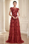 Crimson Elegance: 3D Floral & Sequin Cap-Sleeve Evening Gown