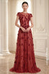 Crimson Elegance: 3D Floral & Sequin Cap-Sleeve Evening Gown