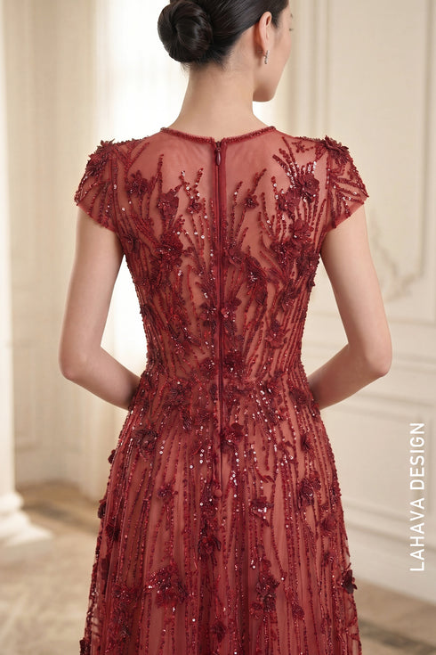 Crimson Elegance: 3D Floral & Sequin Cap-Sleeve Evening Gown