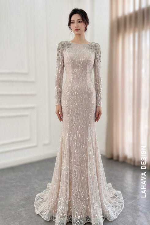 Exquisite Hand-Beaded Long-Sleeve Evening Gown