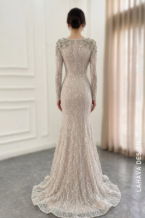 Exquisite Hand-Beaded Long-Sleeve Evening Gown