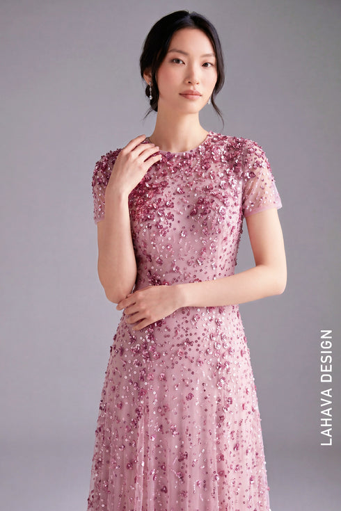 Elegant Pastel Pink Sequin A-Line Evening Gown with 3D Floral Appliqués