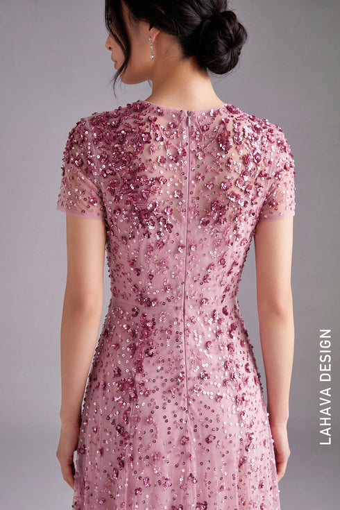 Elegant Pastel Pink Sequin A-Line Evening Gown with 3D Floral Appliqués
