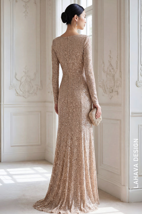 Elegant Long-Sleeve Sequin Mermaid Evening Gown in Champagne Gold