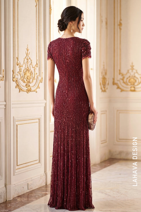 Luxury Burgundy Sequin Hand-Beaded Evening Gown