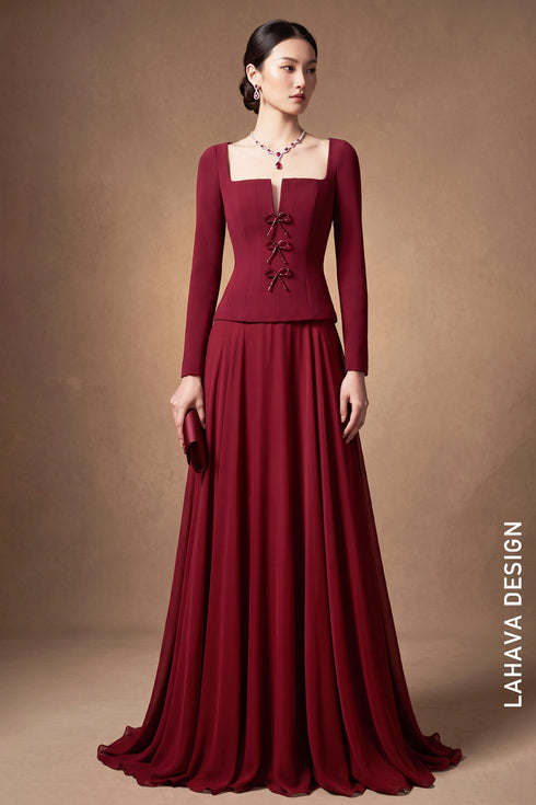 Maroon Bow-Accented Evening Gown