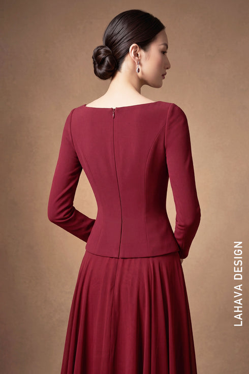 Maroon Bow-Accented Evening Gown