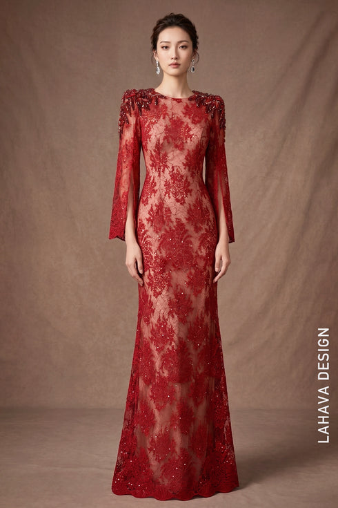 Elegant Red Lace Mermaid Evening Gown with Crystal-Embellished Slit Sleeves