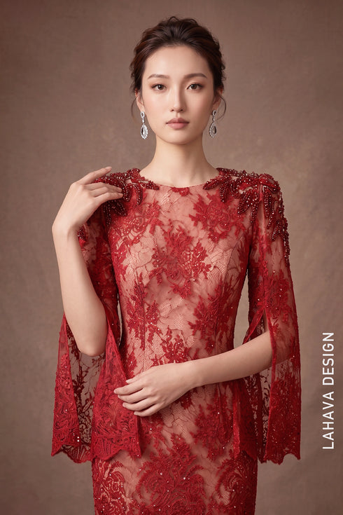 Elegant Red Lace Mermaid Evening Gown with Crystal-Embellished Slit Sleeves