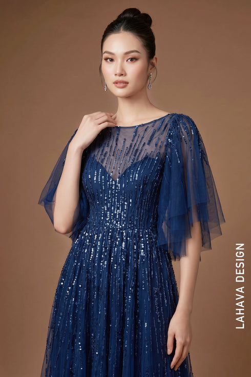Navy Blue Tulle Evening Gown with Waterfall Sequin Pattern