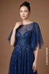 Navy Blue Tulle Evening Gown with Waterfall Sequin Pattern