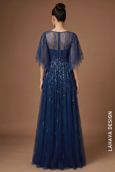 Navy Blue Tulle Evening Gown with Waterfall Sequin Pattern