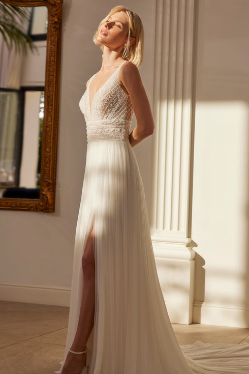 Romantic deep v-neck with beadwork wedding dress