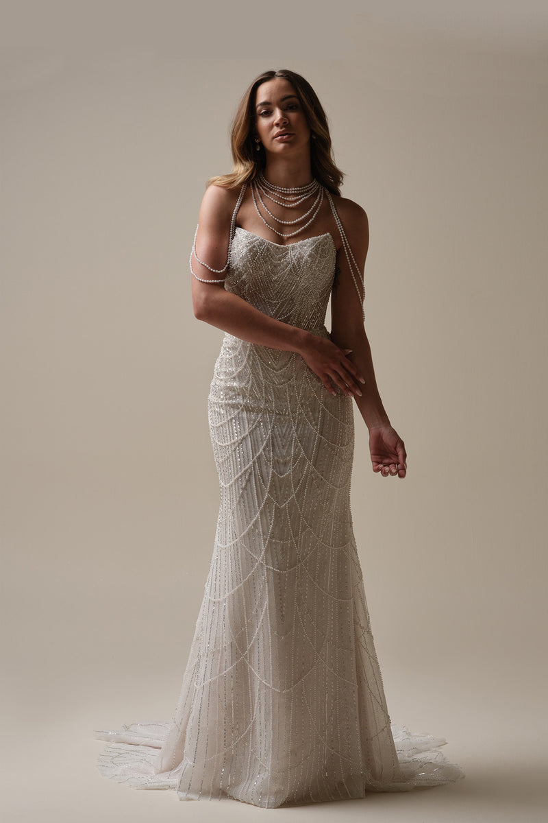 beaded gatsby wedding dress Gatsby-inspired sheath bridal gown with draped pearls – LAHAVA Mermaid wedding