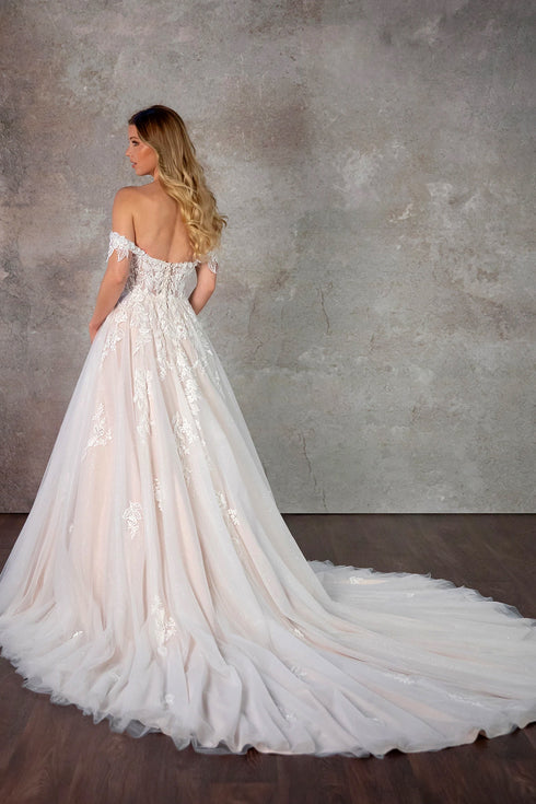 Off shoulder A-line wedding dress with embroidery lace