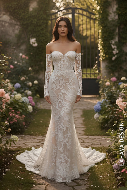 Floral Lace Mermaid Gown with Illusion Sleeves