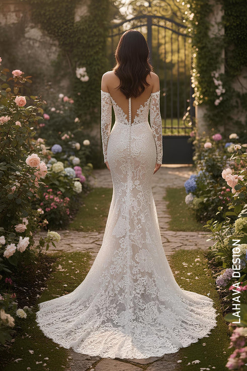 Floral Lace Mermaid Gown with Illusion Sleeves