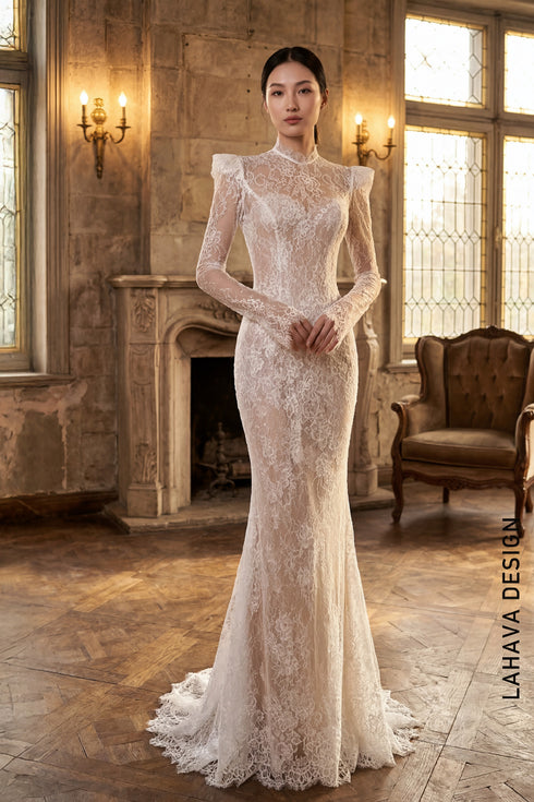 Timeless Elegance: High-Neck Chantilly Lace Mermaid Gown