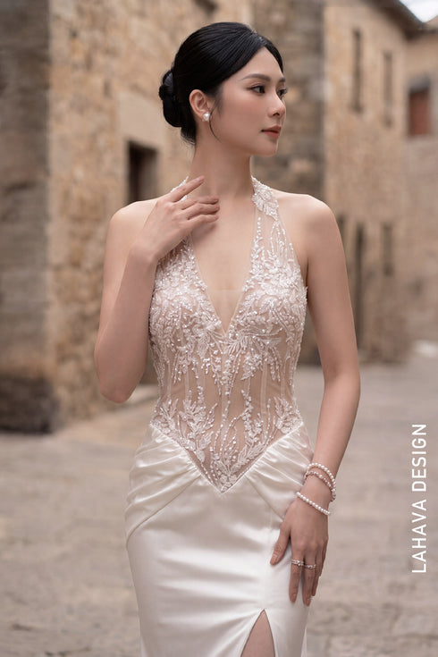 Modern Halter Mermaid Gown with Illusion Hand-Beaded Bodice