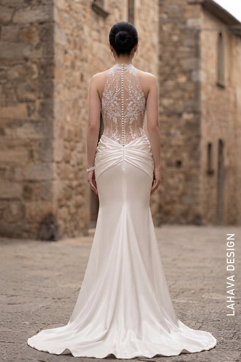 Modern Halter Mermaid Gown with Illusion Hand-Beaded Bodice