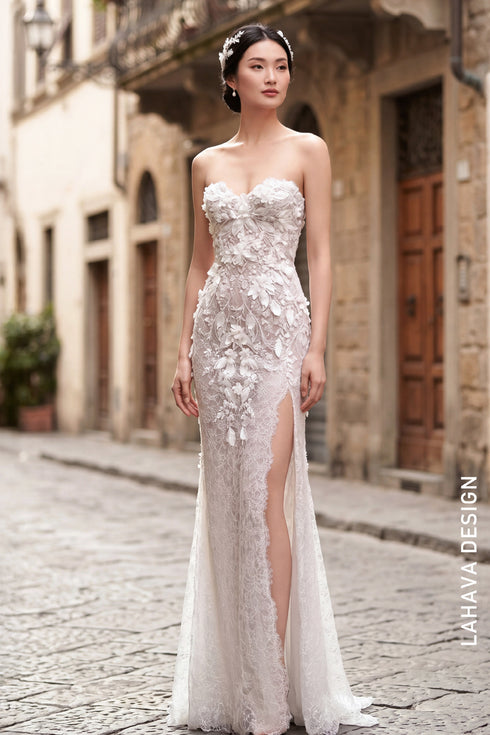 Ethereal Strapless Mermaid Gown with 3D Floral Appliqués and High Slit