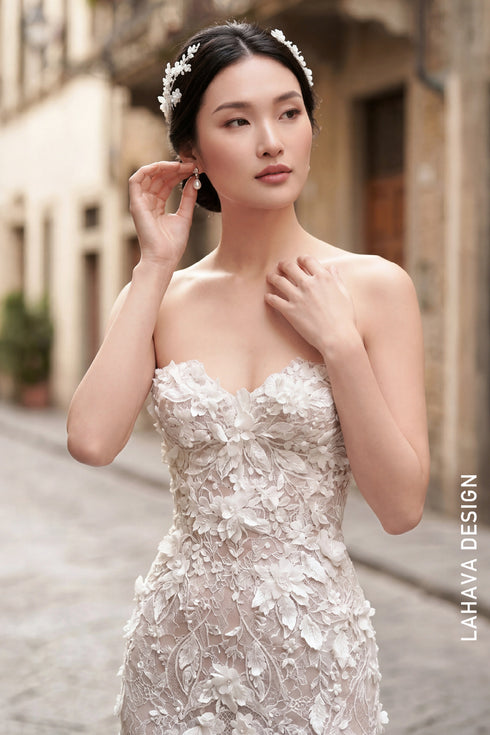 Ethereal Strapless Mermaid Gown with 3D Floral Appliqués and High Slit