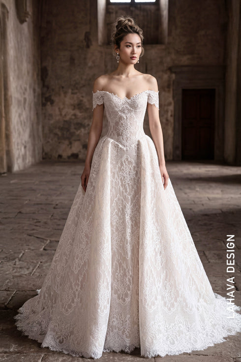 Scalloped Off-the-Shoulder Lace Ballgown