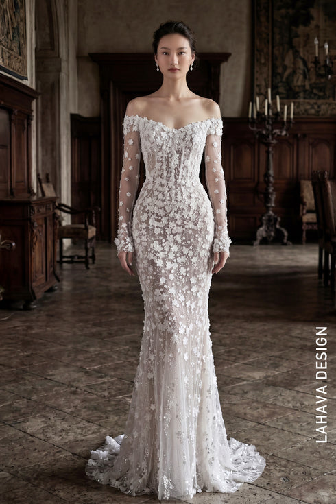 Enchanting 3D Floral Mermaid Gown with Detachable Royal Overskirt