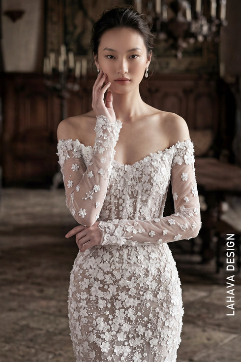 Enchanting 3D Floral Mermaid Gown with Detachable Royal Overskirt