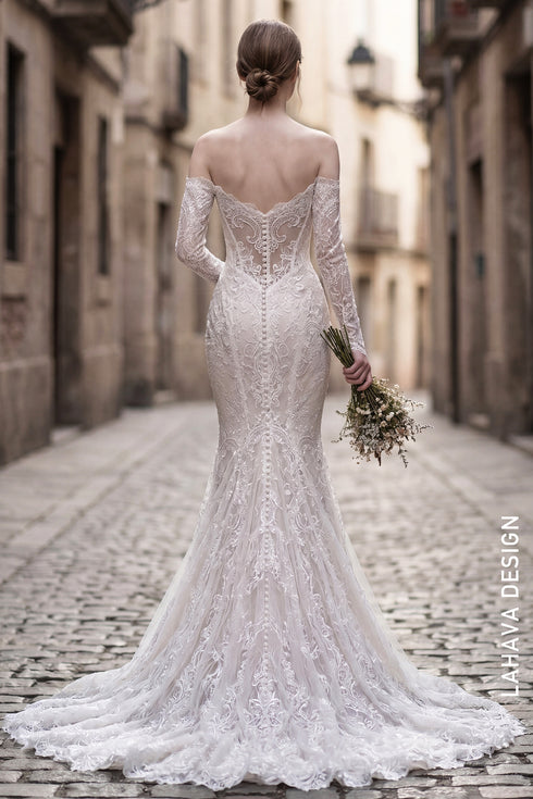 Off-the-Shoulder Long Sleeve Lace Mermaid Wedding Dress